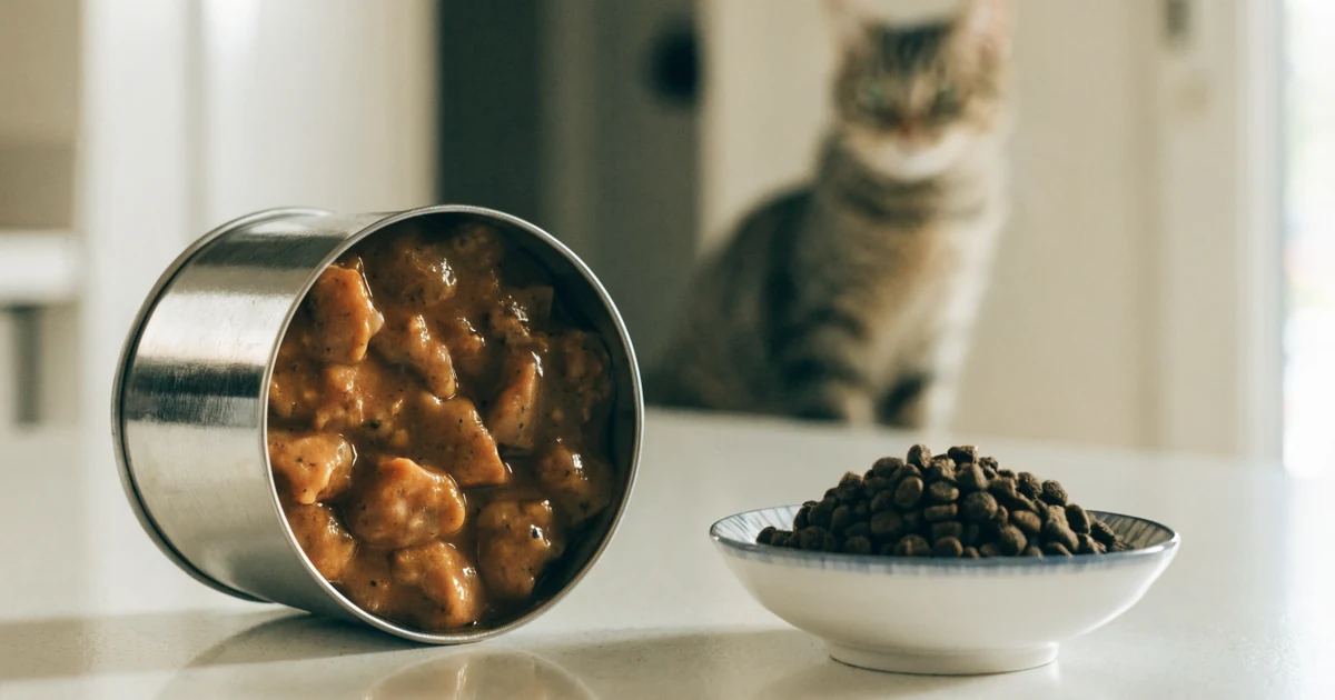 Open tin of wet food and a bowl of dry kibble on a counter with a cat waiting nearby, the amounts a cat food calculator works out