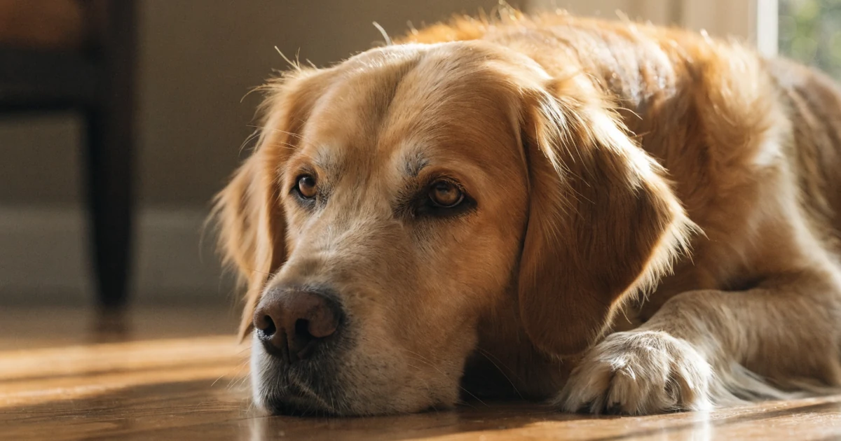 Senior golden retriever with a greying muzzle resting at home, the kind of dog a dog age calculator converts into human years