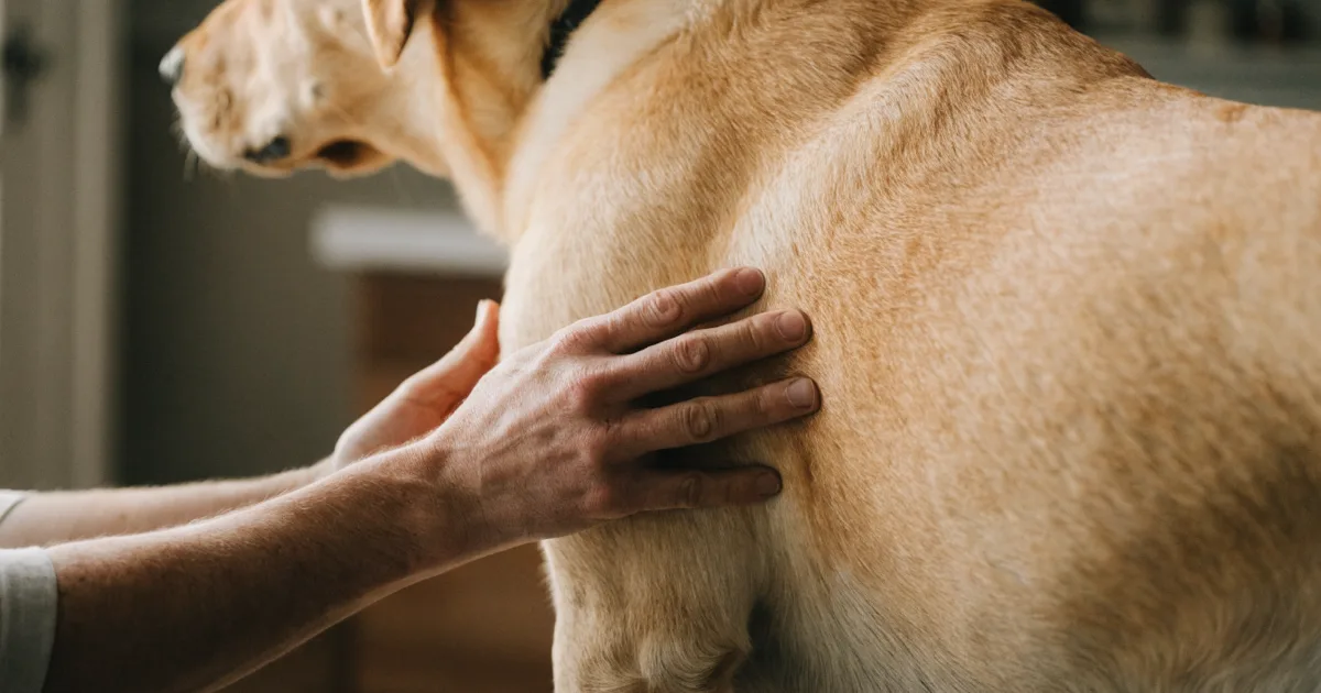 Hands feeling along the ribs of a standing labrador, the hands-on check behind a dog body condition score