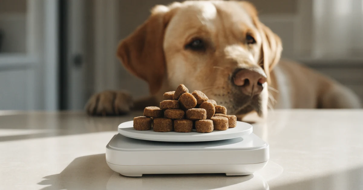 Dog kibble being weighed on a digital kitchen scale while a labrador watches, the precision a dog calorie calculator brings to RER and MER