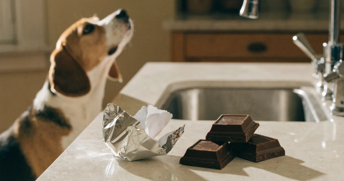 Beagle reaching up toward dark chocolate and torn foil left on a kitchen counter, the moment a dog chocolate toxicity calculator is for