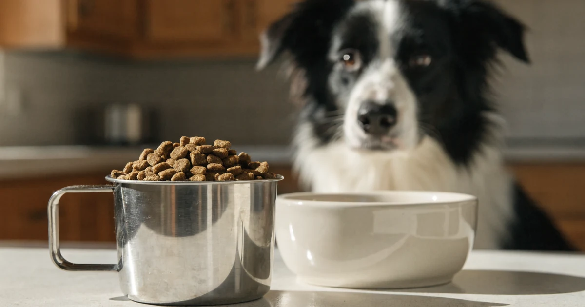 Measuring cup of dry kibble beside a bowl with a border collie waiting, a dog food calculator turns the bag's calories into cups per day