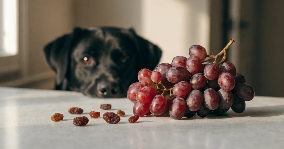 Red grapes and raisins on a kitchen counter with a labrador watching from behind, the exposure a dog grape toxicity calculator assesses