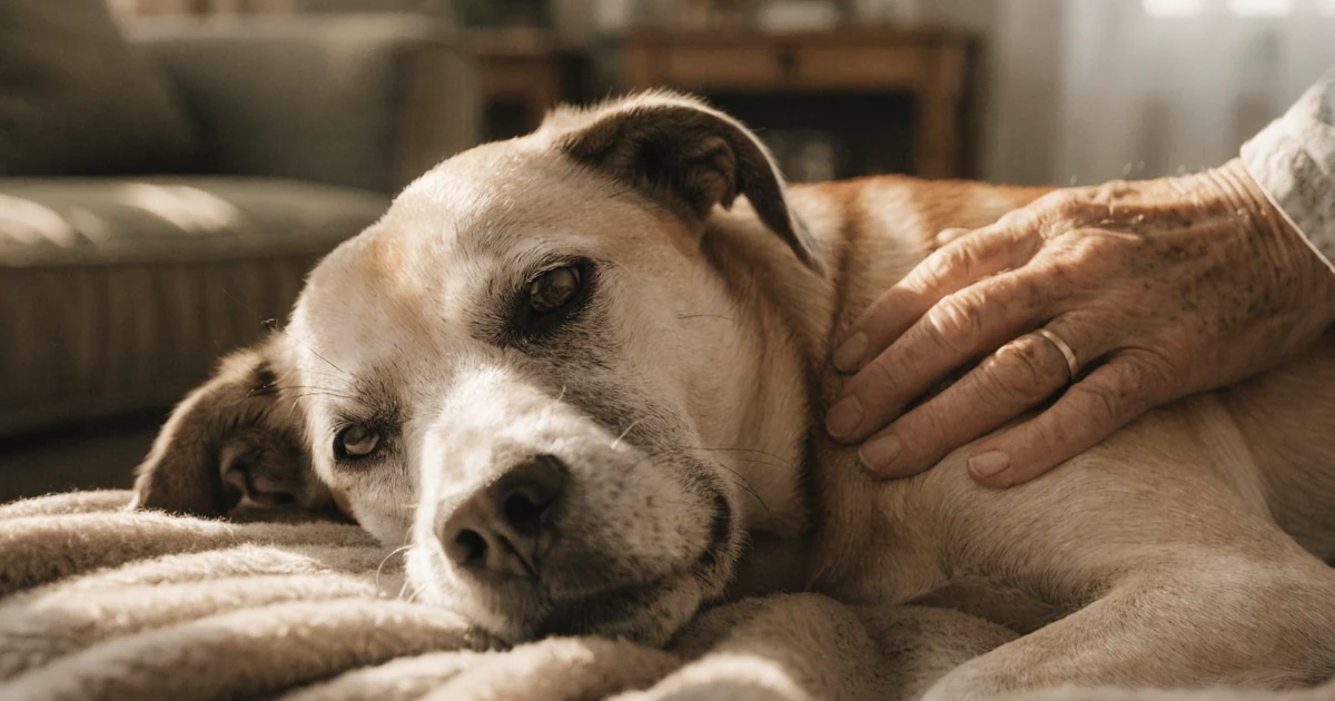 An owner's hand resting gently on an elderly dog asleep on a blanket at home, the dog quality of life calculator is a conversation not a verdict