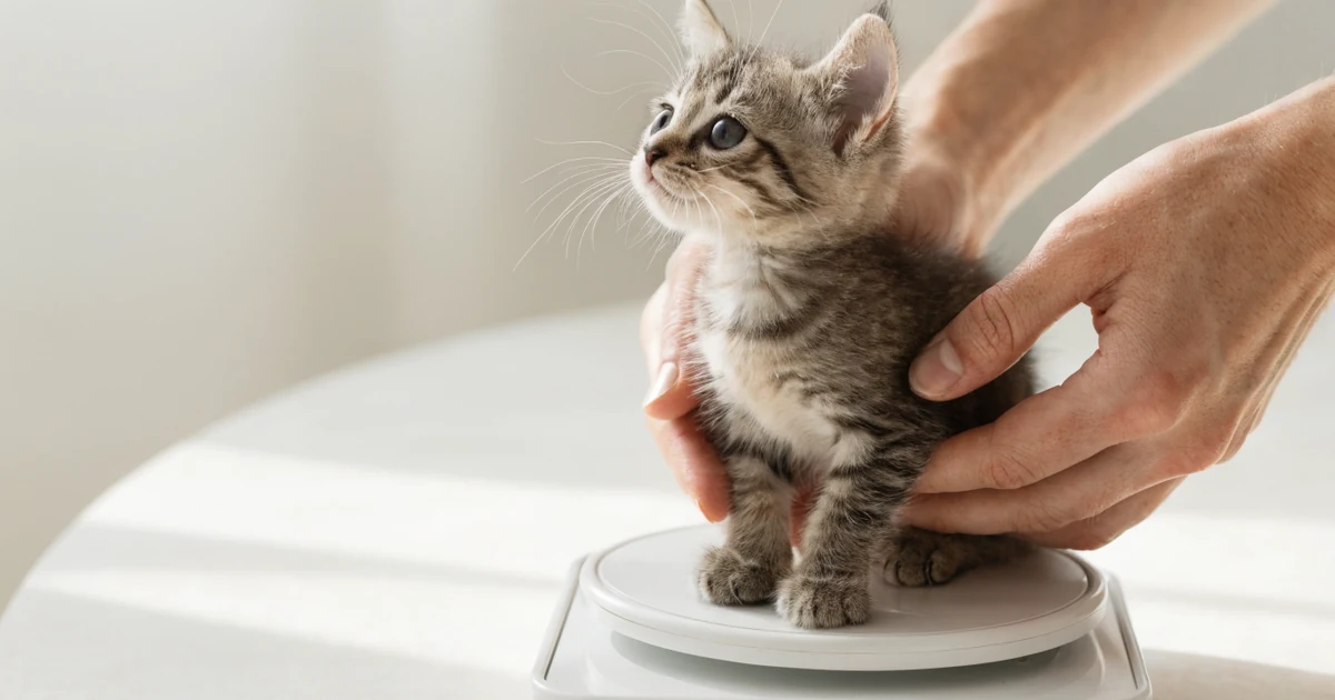 Tiny tabby kitten being weighed on a small digital kitchen scale, the weekly weigh-in behind every kitten growth chart