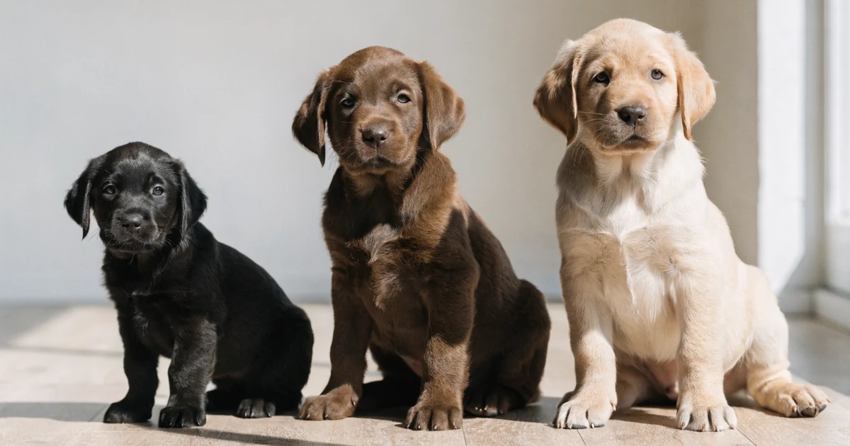 Three Labrador puppies of visibly different sizes sitting side by side, the spread a puppy growth chart is built to track