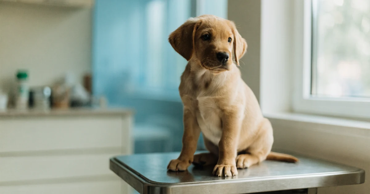 Labrador puppy sitting on a stainless steel veterinary scale being weighed, the measurement every puppy weight calculator starts from