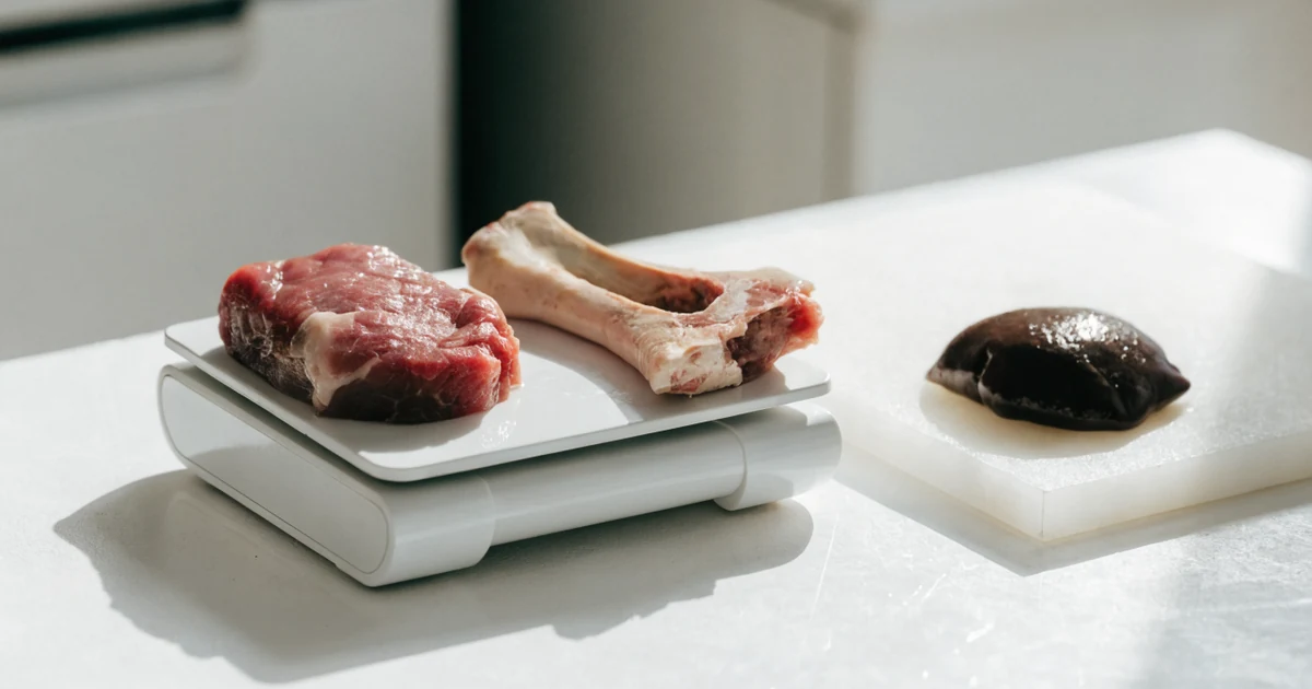 Raw meat, a raw meaty bone and liver portioned out on a kitchen scale, the grams a raw dog food calculator works out
